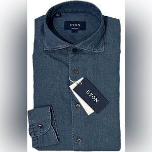 $395 NEW ETON DRESS SHIRT CASHMERE COTTON INDIGO DENIM S 15 38 CONTEMPORARY FIT